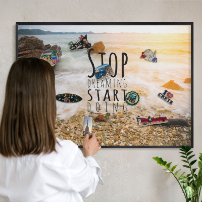 Metal wall board for magnets in a black frame Coast theme