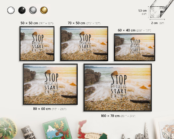 Metal wall board for magnets in a black frame Coast theme