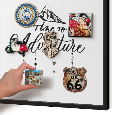 Metal wall board for magnets in a black frame Mountain adventure