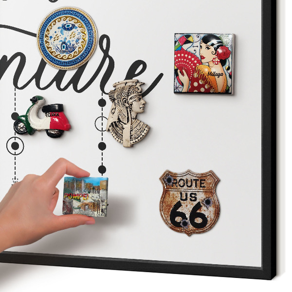 Metal wall board for magnets in a black frame Mountain adventure