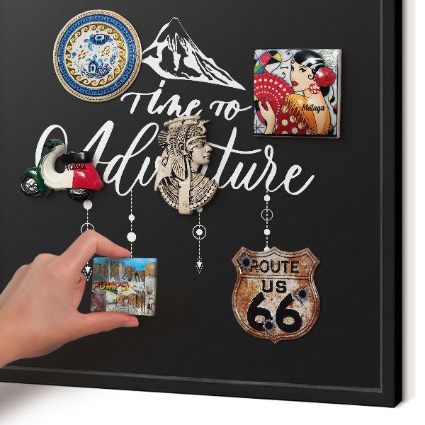 Vacation magnet board with a black frame Adventure awaits
