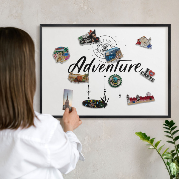 Metal wall board for magnets in a black frame Adventure Theme