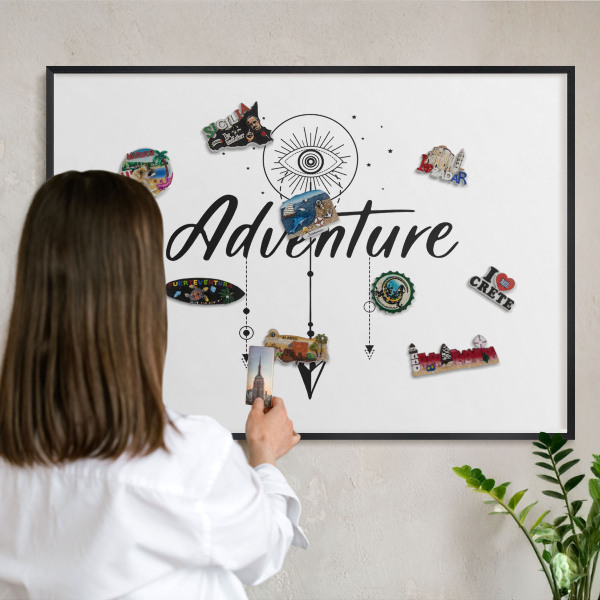 Metal wall board for magnets in a black frame Adventure Theme