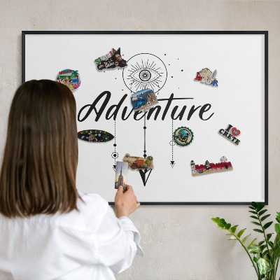 Metal wall board for magnets in a black frame Adventure Theme