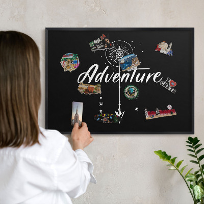 Vacation magnet board with a black frame Adventure awaits