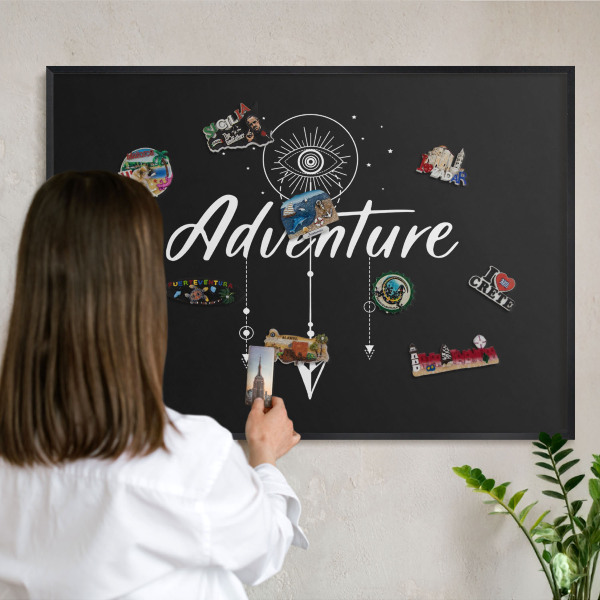 Vacation magnet board with a black frame Adventure awaits