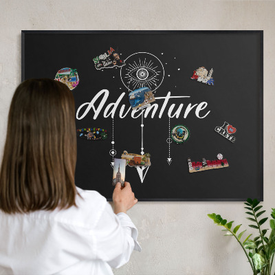 Vacation magnet board with a black frame Adventure awaits