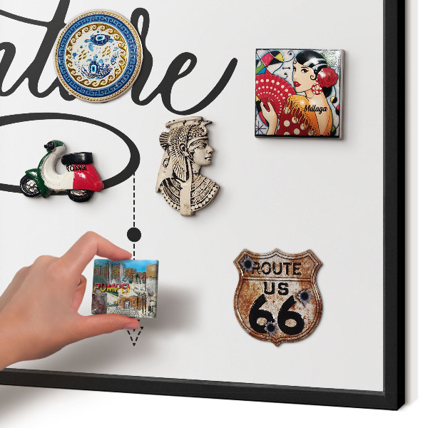 Metal wall board for magnets in a black frame Typographic Adventure