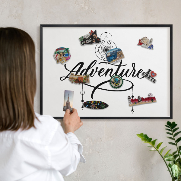 Metal wall board for magnets in a black frame Typographic Adventure
