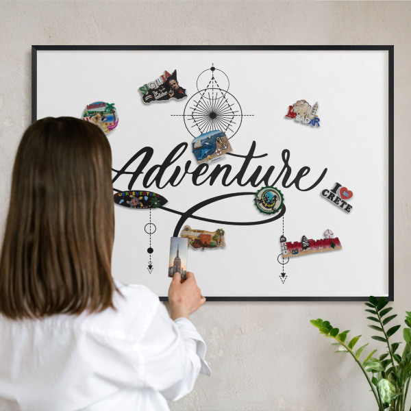 Metal wall board for magnets in a black frame Typographic Adventure
