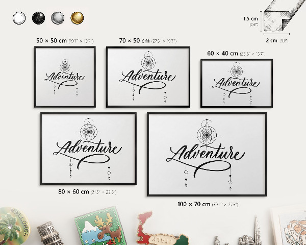 Metal wall board for magnets in a black frame Typographic Adventure