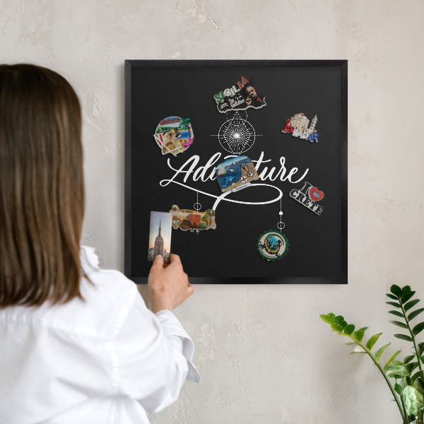 Vacation magnet board with a black frame Travel inspiration