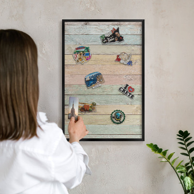 Metal wall board for magnets in a black frame Rustic boards