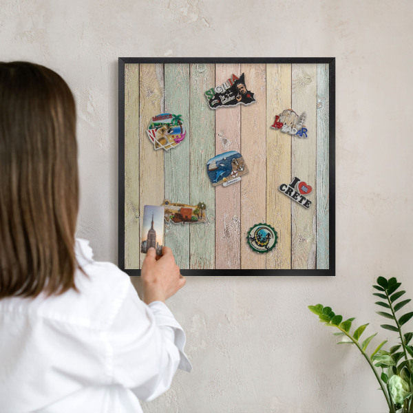 Metal wall board for magnets in a black frame Rustic boards