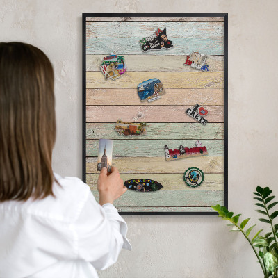 Metal wall board for magnets in a black frame Rustic boards