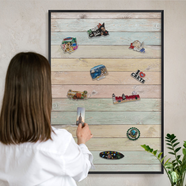 Metal wall board for magnets in a black frame Rustic boards