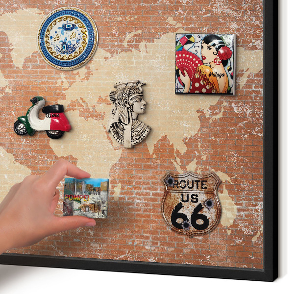 Vacation magnet board with a black frame Brick map