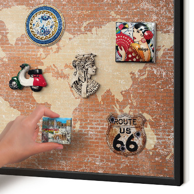 Vacation magnet board with a black frame Brick map