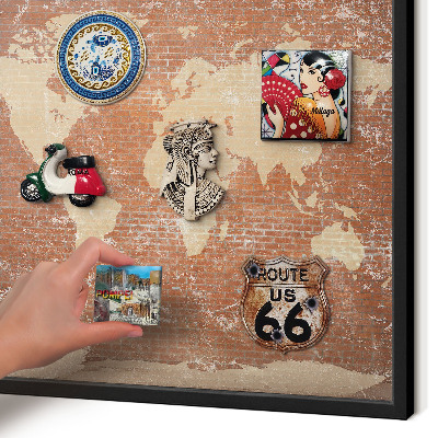 Vacation magnet board with a black frame Brick map