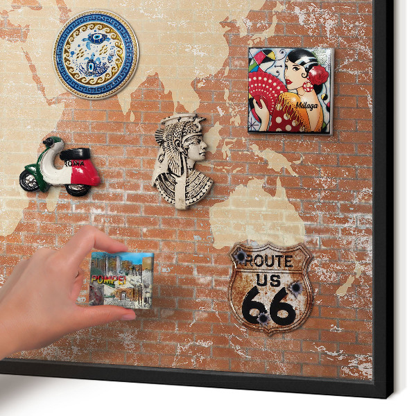 Vacation magnet board with a black frame Brick map