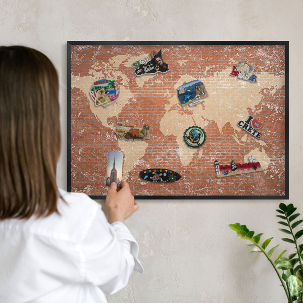 Vacation magnet board with a black frame Brick map