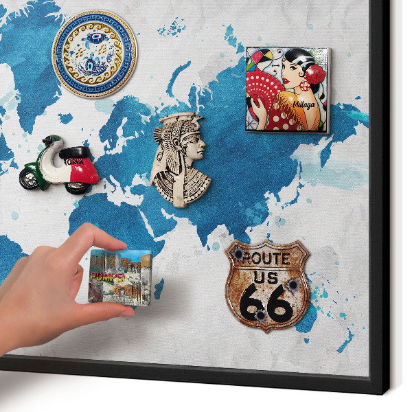 Metal wall board for magnets in a black frame Watercolor map