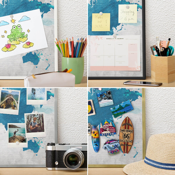 Metal wall board for magnets in a black frame Watercolor map