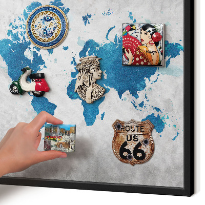 Metal wall board for magnets in a black frame Watercolor map