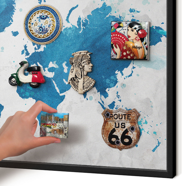Metal wall board for magnets in a black frame Watercolor map