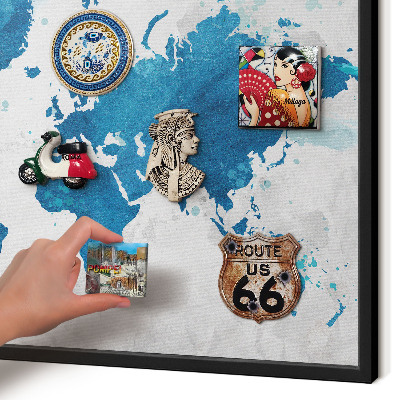 Metal wall board for magnets in a black frame Watercolor map