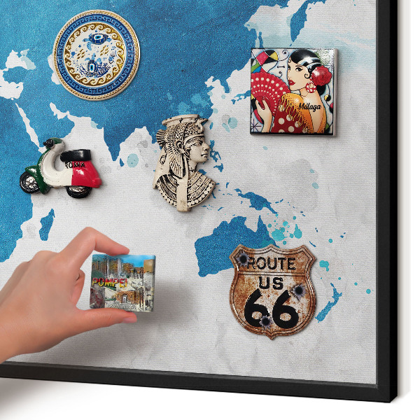 Metal wall board for magnets in a black frame Watercolor map