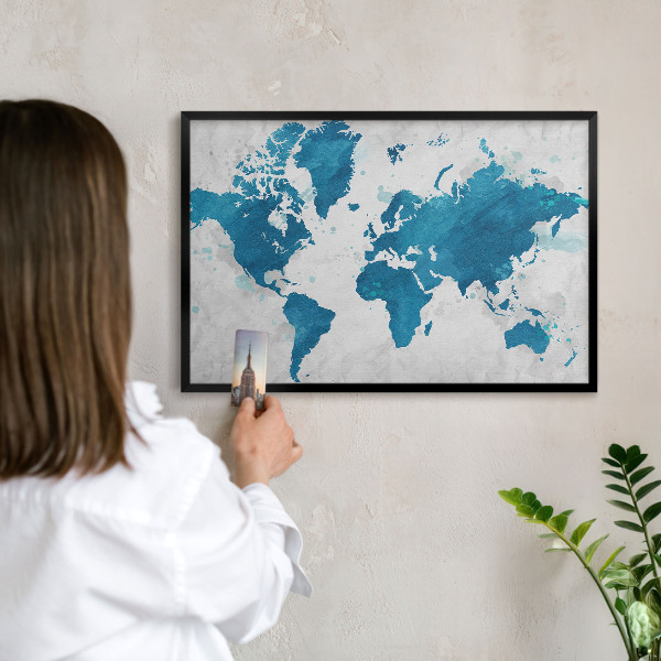 Metal wall board for magnets in a black frame Watercolor map