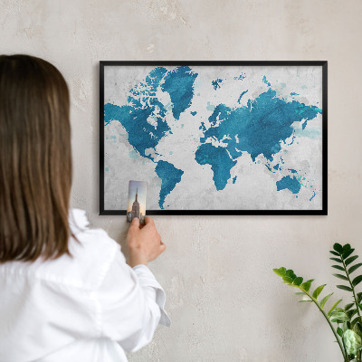 Metal wall board for magnets in a black frame Watercolor map