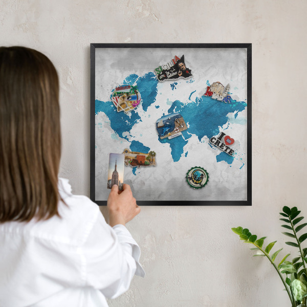 Metal wall board for magnets in a black frame Watercolor map