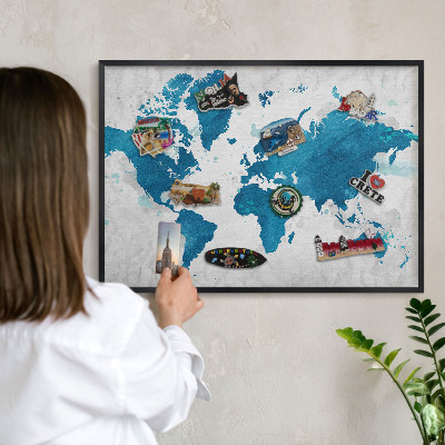 Metal wall board for magnets in a black frame Watercolor map