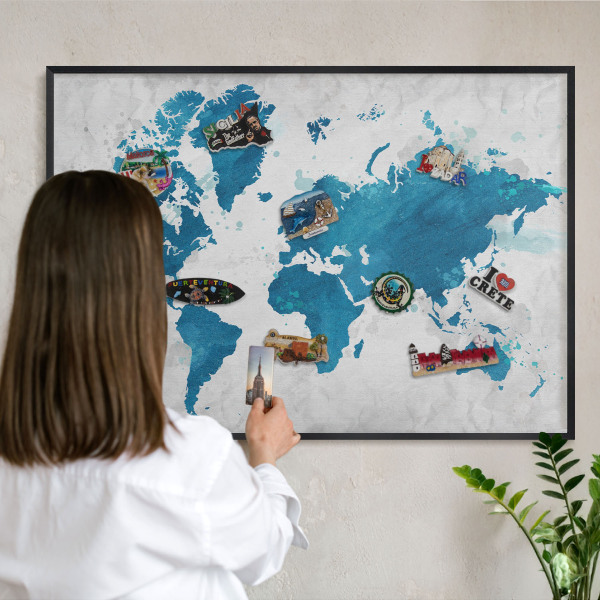 Metal wall board for magnets in a black frame Watercolor map