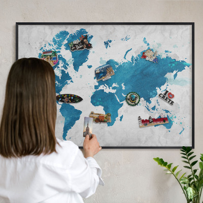 Metal wall board for magnets in a black frame Watercolor map