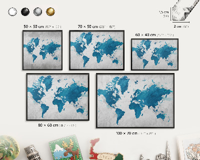 Metal wall board for magnets in a black frame Watercolor map