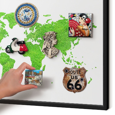Metal wall board for magnets in a black frame Green map