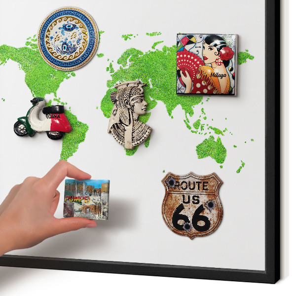 Metal wall board for magnets in a black frame Green map
