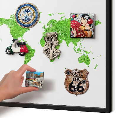 Metal wall board for magnets in a black frame Green map