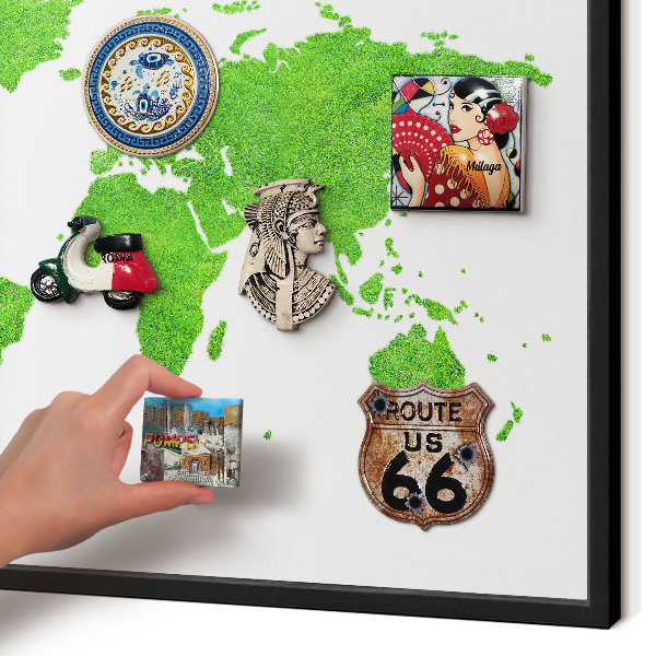 Metal wall board for magnets in a black frame Green map