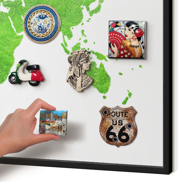 Metal wall board for magnets in a black frame Green map