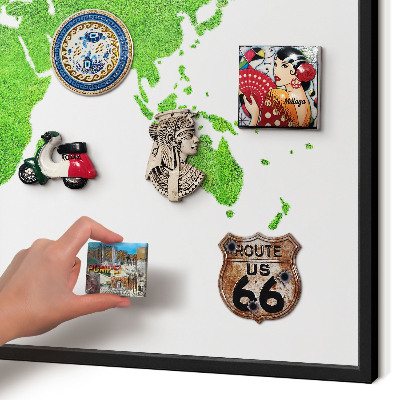 Metal wall board for magnets in a black frame Green map