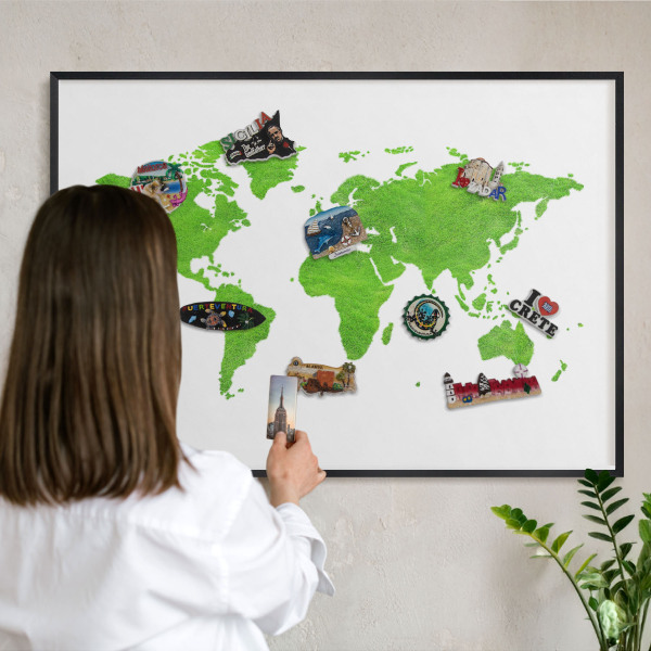 Metal wall board for magnets in a black frame Green map