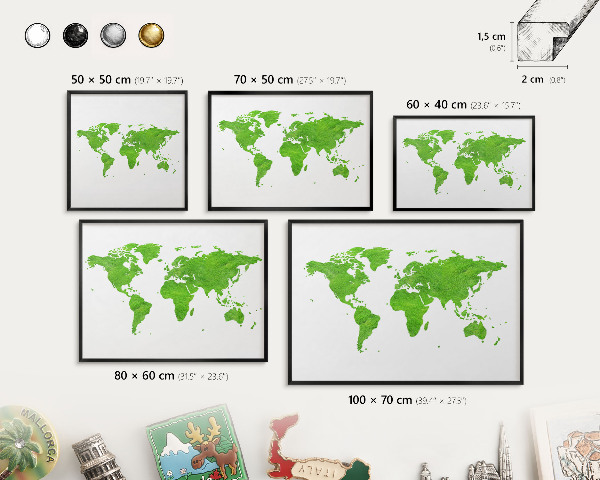 Metal wall board for magnets in a black frame Green map