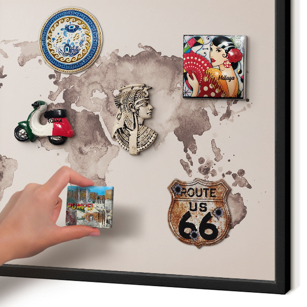 Vacation magnet board with a black frame World map