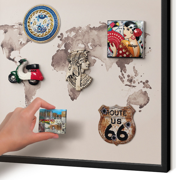 Vacation magnet board with a black frame World map