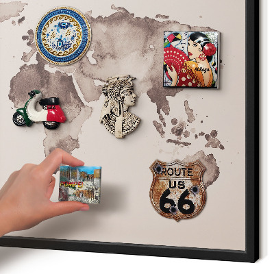 Vacation magnet board with a black frame World map