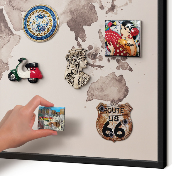 Vacation magnet board with a black frame World map
